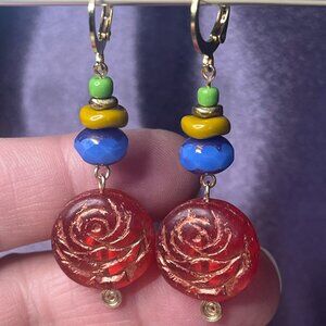 Colorful Rose Dangle Statement Earrings - Artisan
